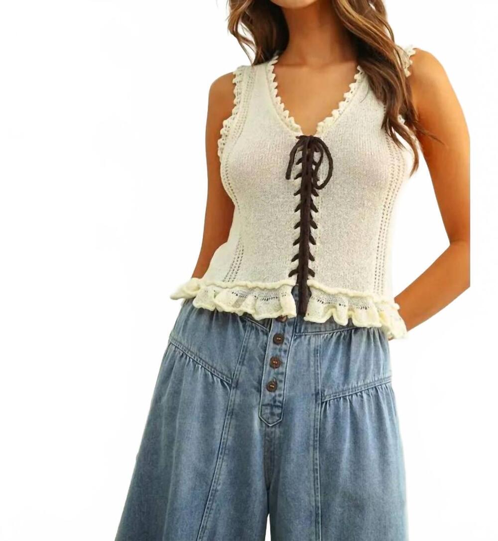 NEW MIOU MUSE lace up front knit top with ruffled hem in cream/brown